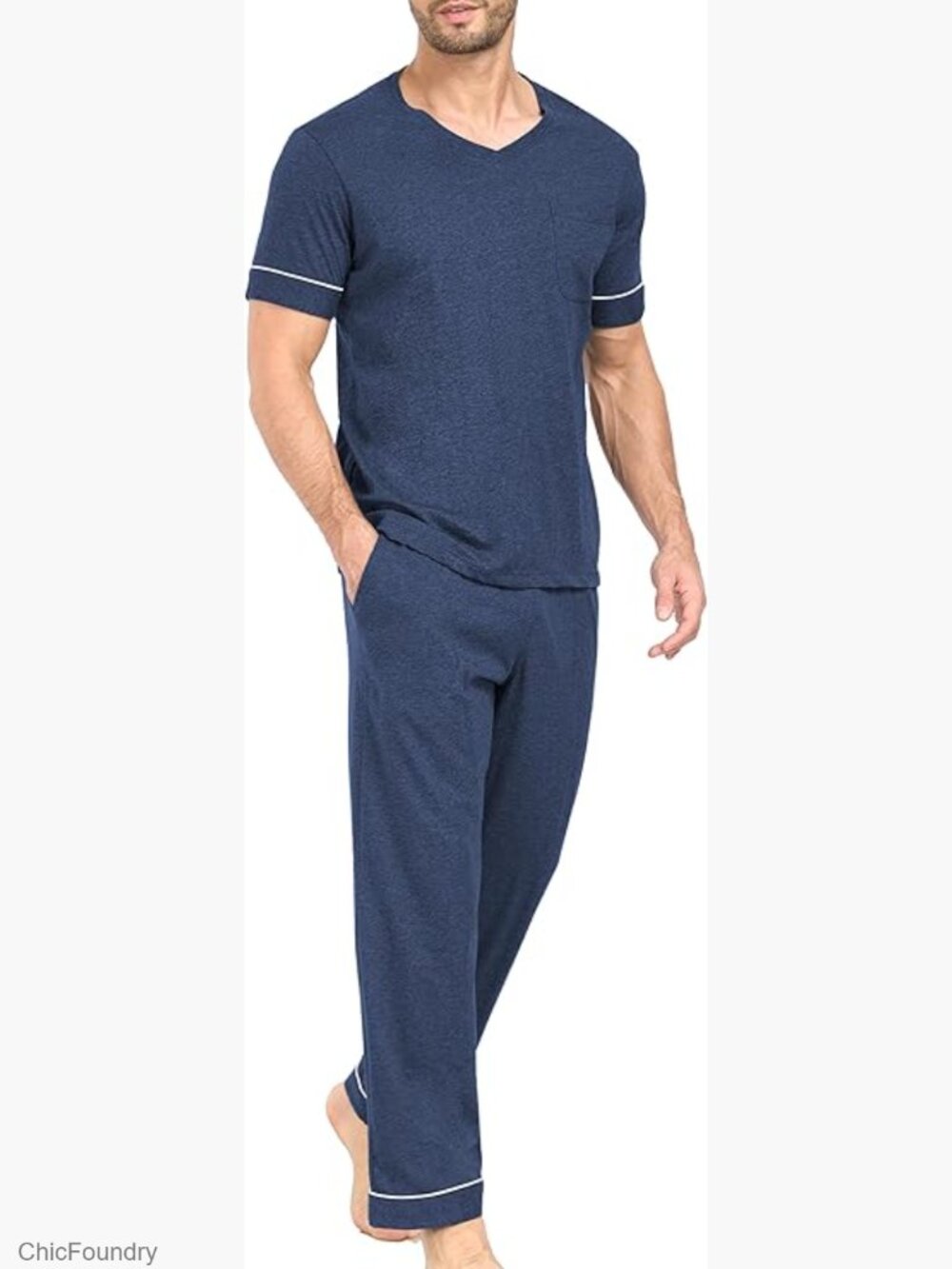 Mens Cotton Pajama Set Short Sleeve Sleepwear Soft Comfy Pjs with Pocket